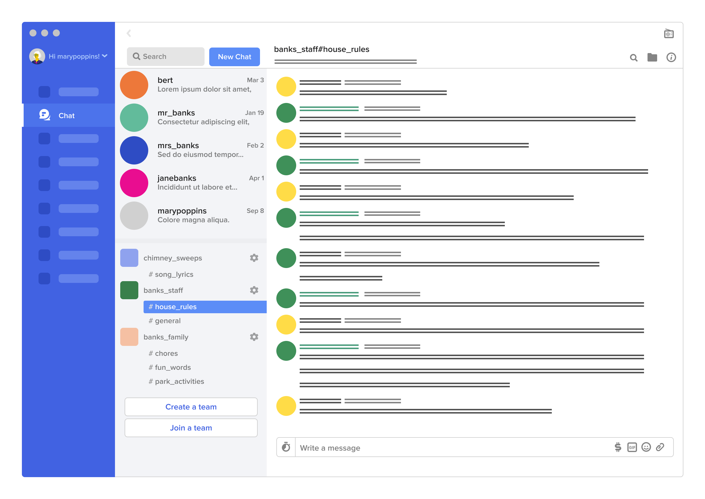 !一对一聊天组织在收件箱顶部;团队聊天在下方。